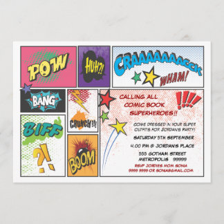 Comic Book Typography Boys Birthday Party Invite