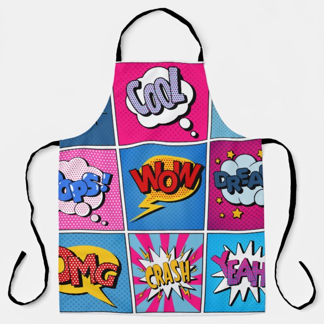 Comic Bubbles Set. Expressions Bom, Cool, Pow, Oop Apron (Front)