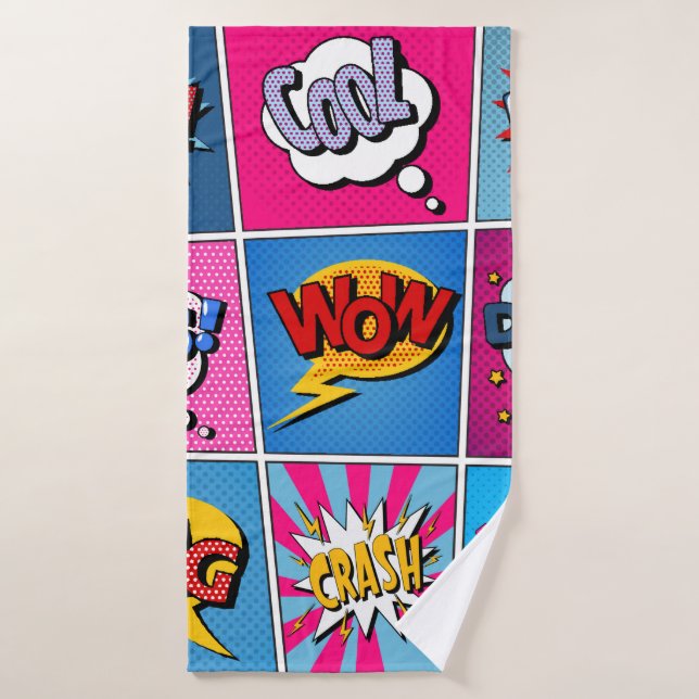 Comic Bubbles Set. Expressions Bom, Cool, Pow, Oop Bath Towel (Bath Towel)