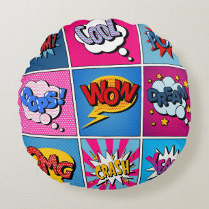 Comic Bubbles Set. Expressions Bom, Cool, Pow, Oop Round Cushion