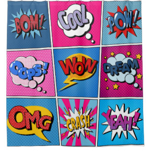Comic Bubbles Set. Expressions Bom, Cool, Pow, Oop Shower Curtain