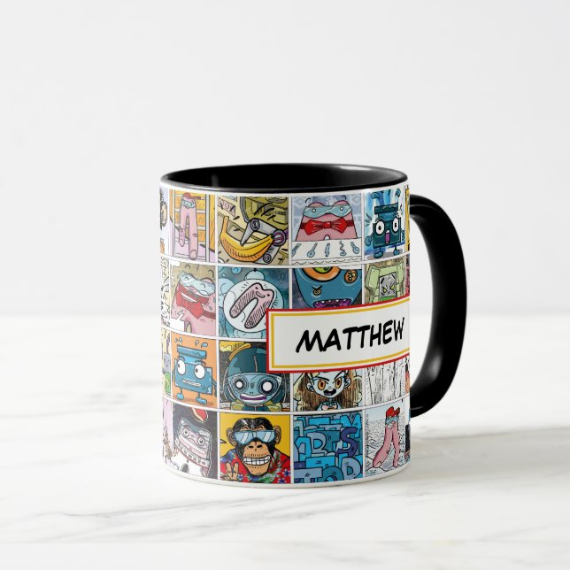 Comic Characters Kids Pattern Name Mug (Front Right)