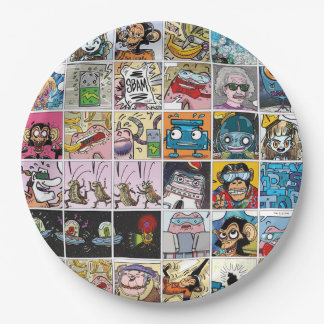 Comic Colourful Fun Characters Grid Pattern Paper Plate
