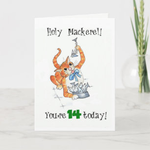 Comic Ginger Cat Holy Mackerel, 14th Birthday Card