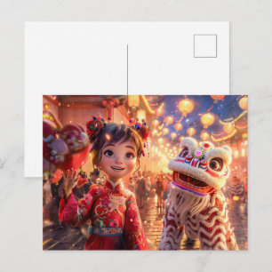 Comic Girl in Dragon Costume for Chinese New Year Holiday Postcard