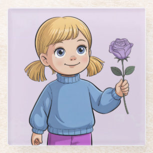 Comic Girl Lavender Rose Glass Coaster
