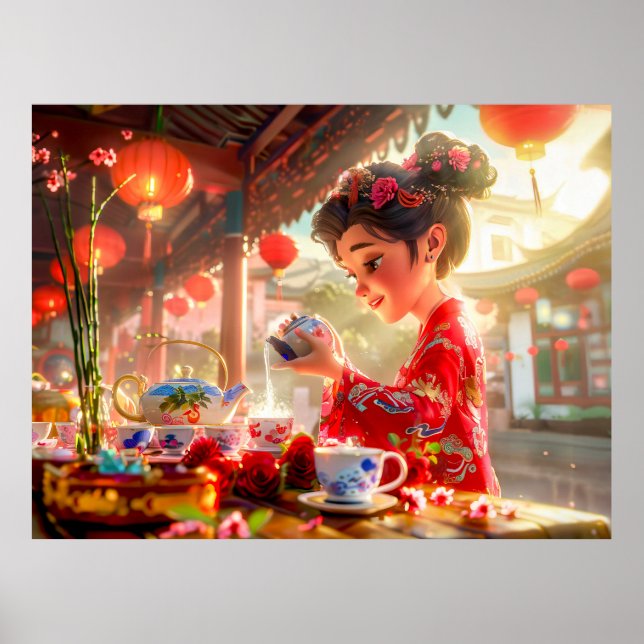 Comic Girl Serving Tea in Traditional Setting Poster (Front)