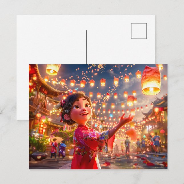 Comic Girl with Lanterns Celebrating Chinese New Y Holiday Postcard (Front/Back)