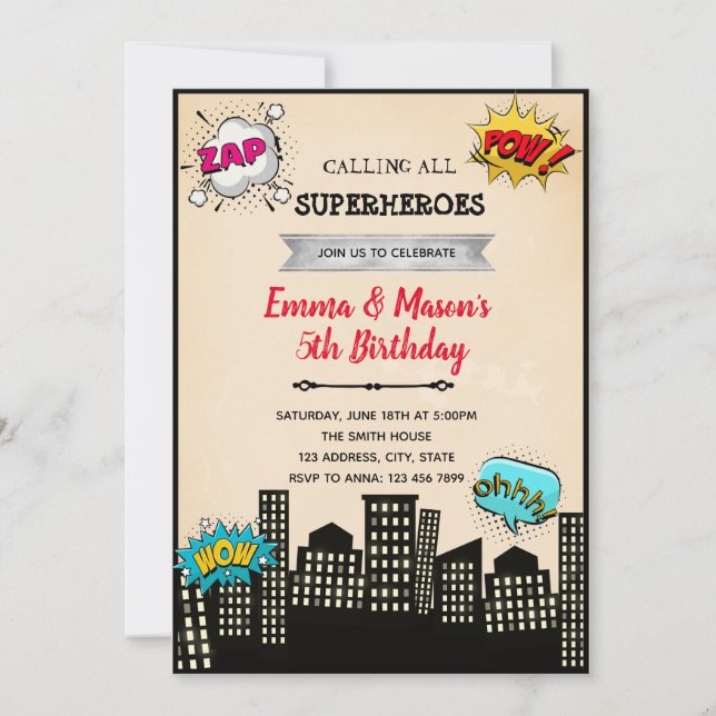 Comic hero joint birthday invitation (Front)