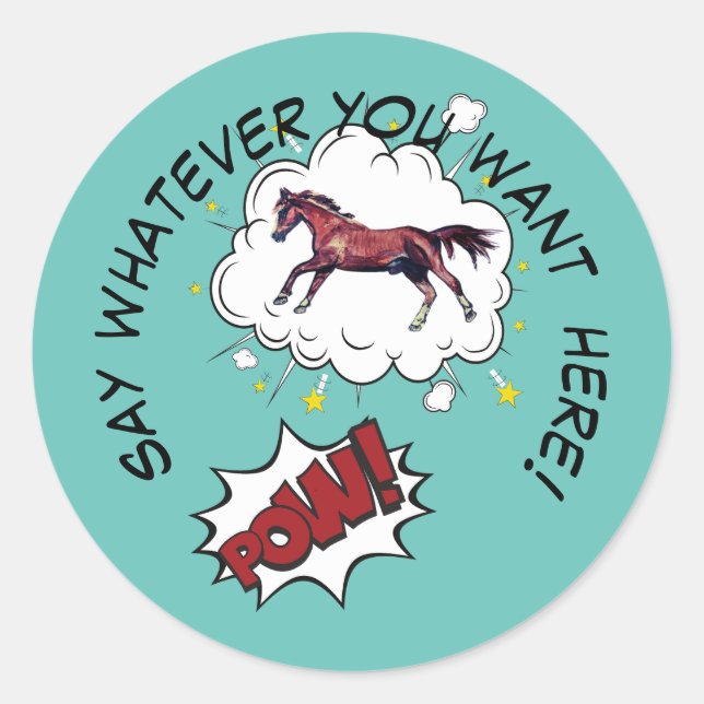 comic horse pow  classic round sticker (Front)