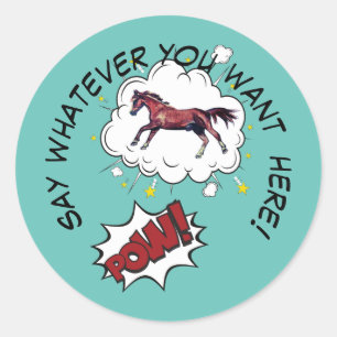 comic horse pow classic round sticker