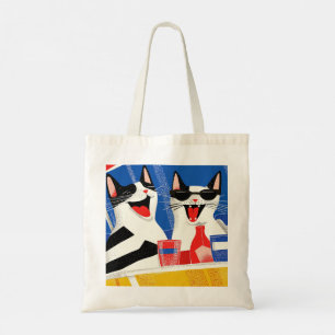 Comic Joyful Perfect Cat Duo Enjoying Summer Vibes Tote Bag