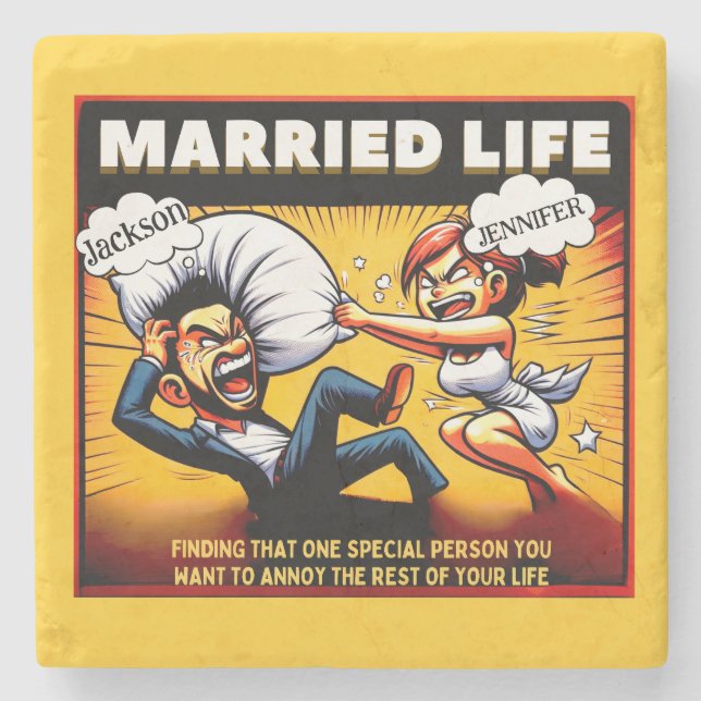 Comic Married Life , Customisable Names  Stone Coaster (Front)