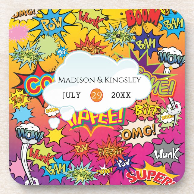 Comic Pop Art 💥🎨 Speech Bubble Wedding Graffiti Coaster (Front)
