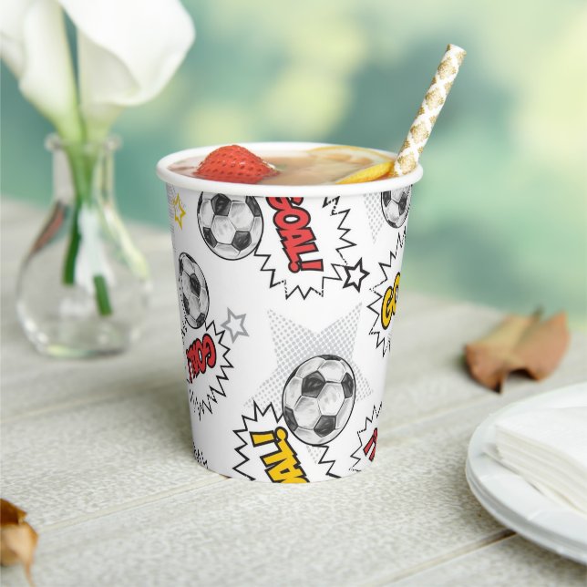 Comic Soccer Goal Pattern – Retro Sports Paper Cups (Insitu)