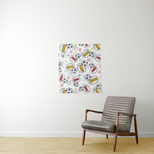 Comic Soccer Goal Pattern – Retro Sports Tapestry (In Situ)