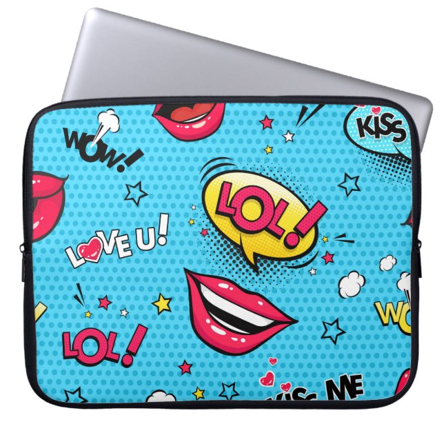 Comic speech bubbles and female lips with differen laptop sleeve (Front)