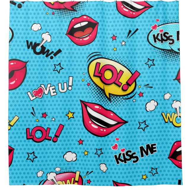 Comic speech bubbles and female lips with differen shower curtain (Front)