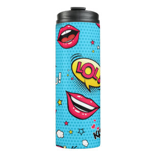 Comic speech bubbles and female lips with differen thermal tumbler