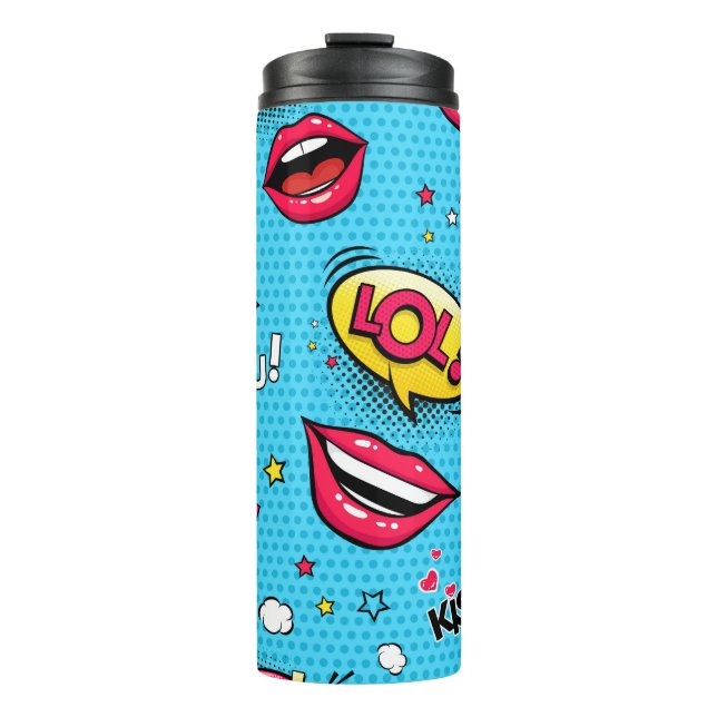 Comic speech bubbles and female lips with differen thermal tumbler (Front)