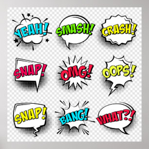 Comic speech bubbles with halftone shadow and text poster