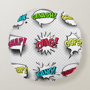 Comic speech bubbles with halftone shadow and text round cushion