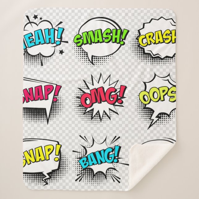 Comic speech bubbles with halftone shadow and text sherpa blanket (Front)