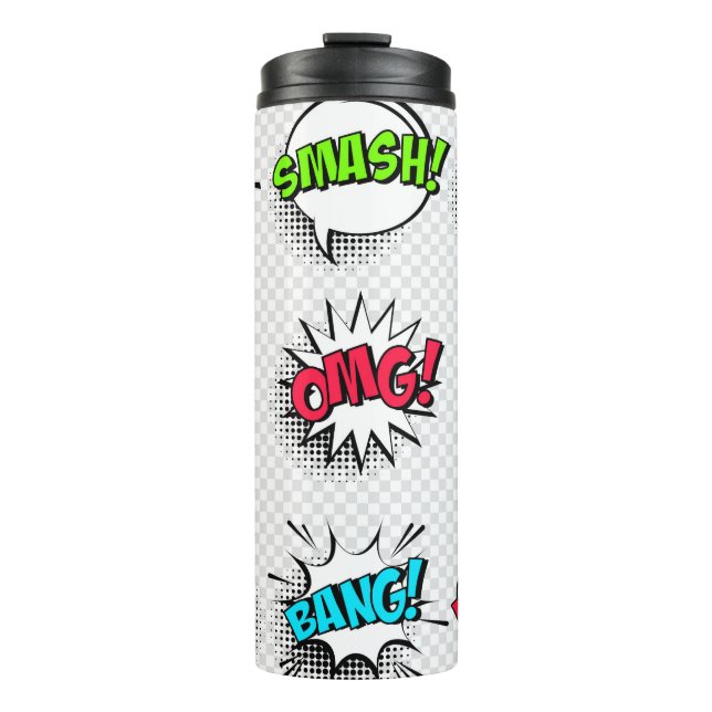 Comic speech bubbles with halftone shadow and text thermal tumbler (Front)