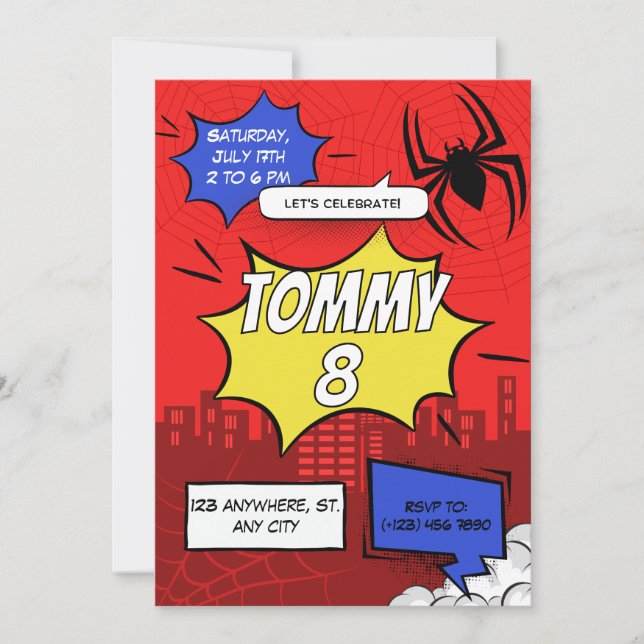 Comic Spider Theme Birthday Party Invitation (Front)
