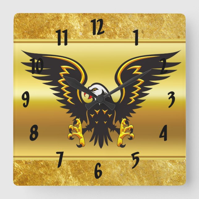 Comic strip Black and Gold eagle with gold foil Square Wall Clock (Front)
