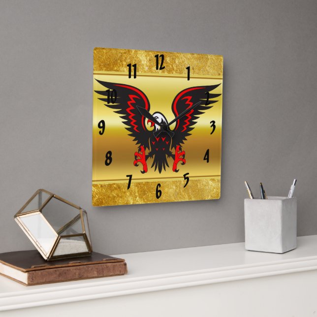 Comic strip Black and red eagle with gold foil Square Wall Clock (Office)