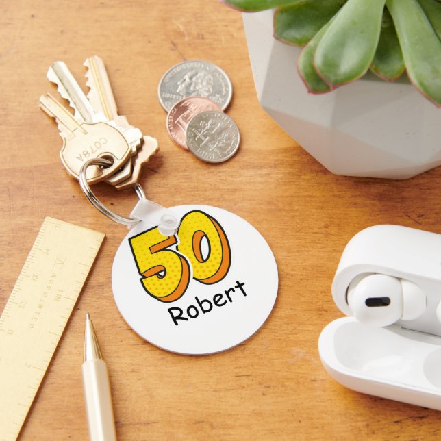 Comic Style 50th Birthday Golfer Gift – Funny Key Ring (Desk)