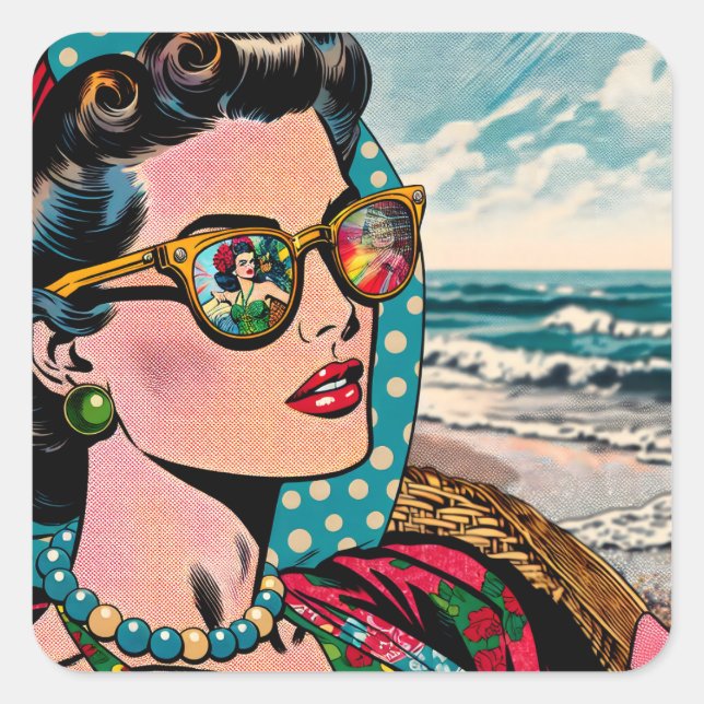 Comic Style Art | Woman Watching Hula Dancer Square Sticker (Front)