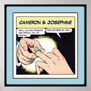 Comic Style Bling Ring Wedding Blue Dots Poster