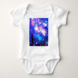 Comic Style City Skyline & Milky Way Night Sky Baby Bodysuit