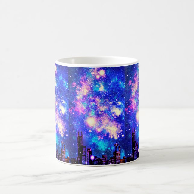 Comic Style City Skyline & Milky Way Night Sky Coffee Mug (Center)