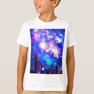 Comic Style City Skyline & Milky Way Night Sky T-Shirt
