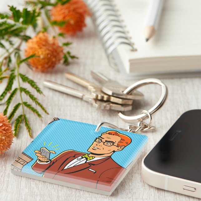 Comic Style Man Looking At Mobile Phone Key Ring (Creator Uploaded)