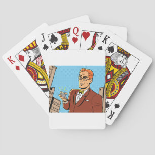 Comic Style Man Looking At Mobile Phone Playing Cards