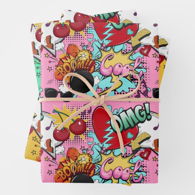 Comic Style Pop Art Girls Wrapping Paper Sheet (In situ)