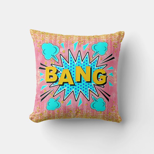 Comic Style Pop Art Retro Aqua Blue Gold BANG Cushion (Front)