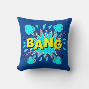 Comic Style Pop Art Retro Aqua Blue Yellow BANG Cushion