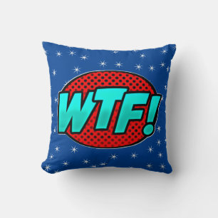 Comic Style Pop Art Retro Blue Aqua Red WTF Throw Cushion