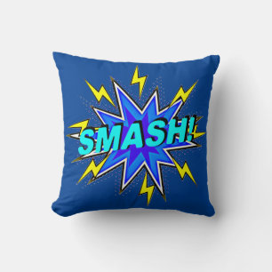 Comic Style Pop Art Retro Blue Yellow Aqua SMASH Cushion