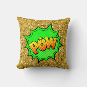 Comic Style Pop Art Retro Green Yellow Gold POW    Cushion