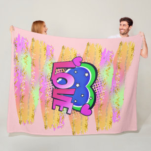 Comic Style Pop Art Retro Mauve Green LOVE Rainbow Fleece Blanket