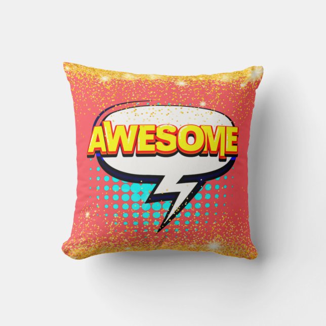 Comic Style Pop Art Retro Pink AWESOME Text Throw  Cushion (Front)