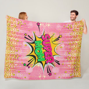 Comic Style Pop Art Retro Pink Gold Super Mum  Fleece Blanket