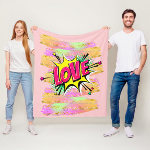 Comic Style Pop Art Retro Pink Yellow LOVE Rainbow Fleece Blanket