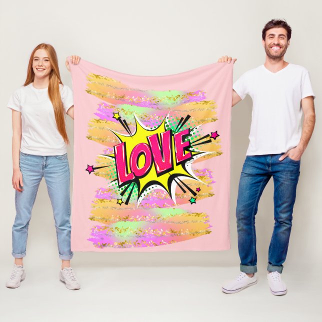 Comic Style Pop Art Retro Pink Yellow LOVE Rainbow Fleece Blanket (In Situ)
